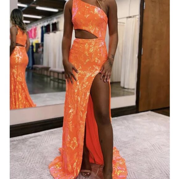 Sparkly Orange Sequin One Shoulder Long Prom Dress NWOT - Picture 1 of 7